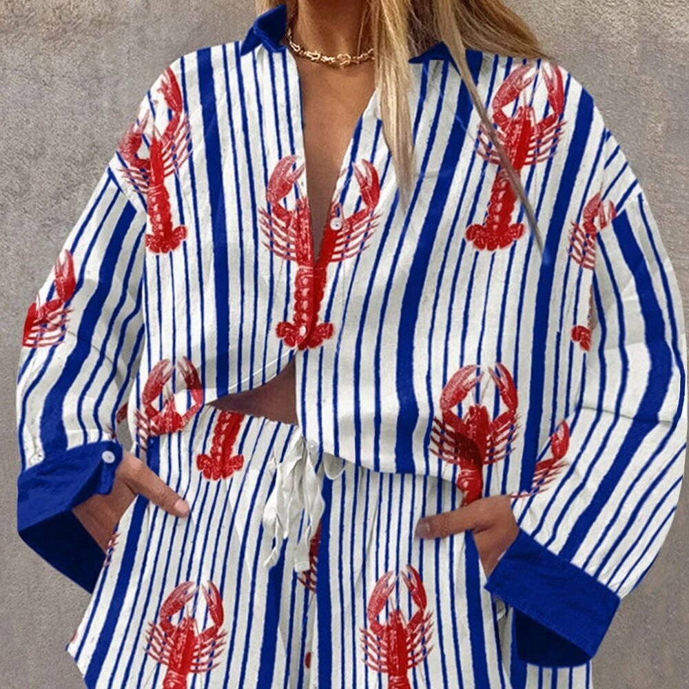 Blue Boho Women's Striped Lobster Print Long Sleeve Shirt And Shorts Set
